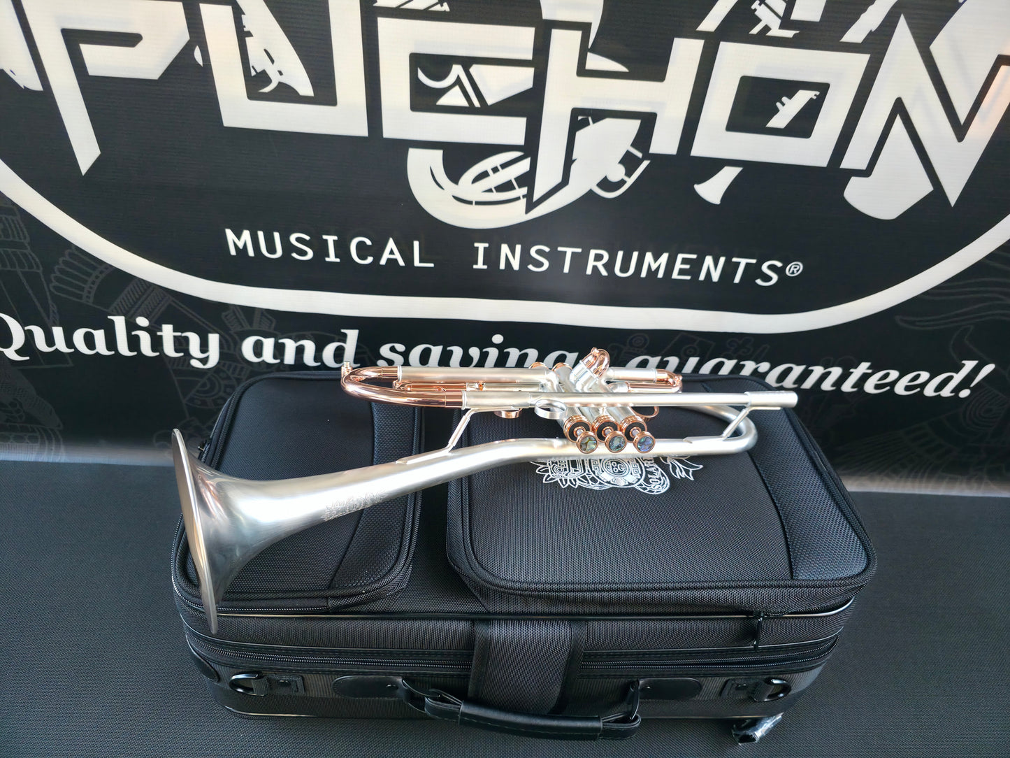 Solario Balam Satin Silver & Copper Trumpet - Diagonal Bent 5.25" Big Bell