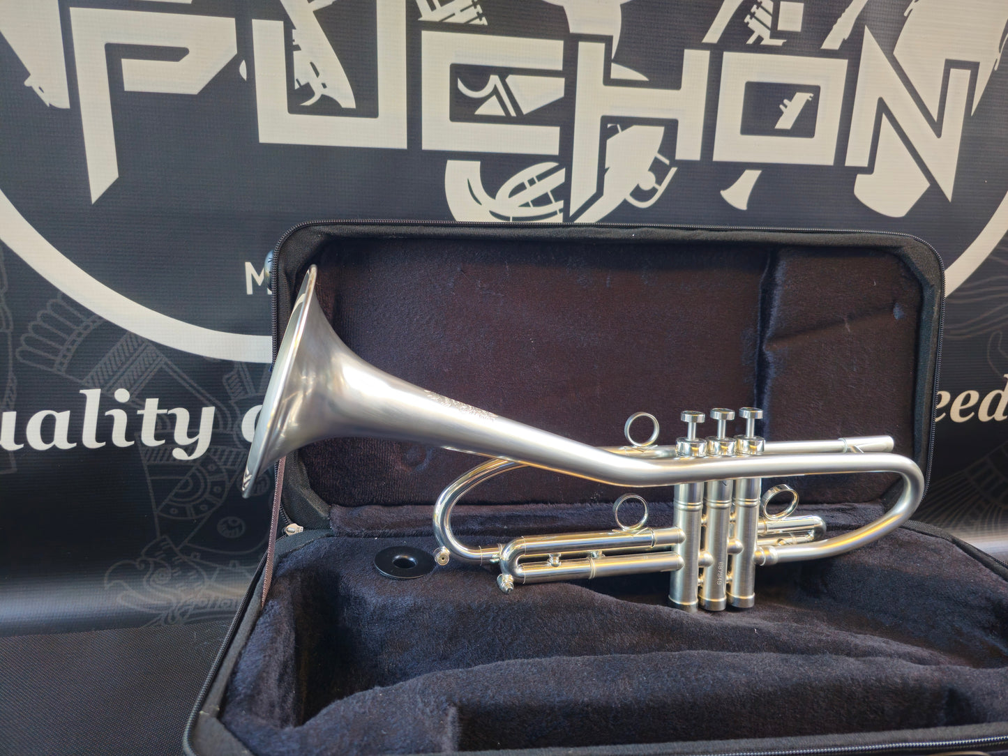 Solario Balam Satin Silver Bb Trumpet - Diagonal Bent 5.25" Big Bell