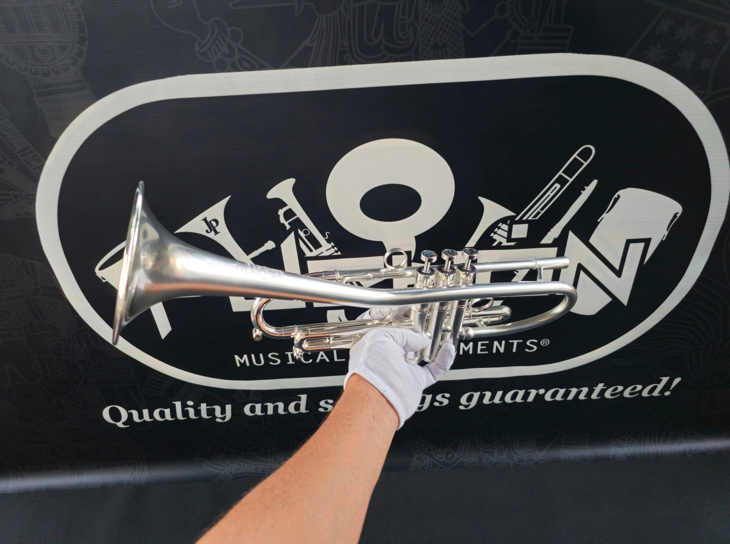 Solario Balam Satin Silver Bb Trumpet - Diagonal Bent 5.25" Big Bell