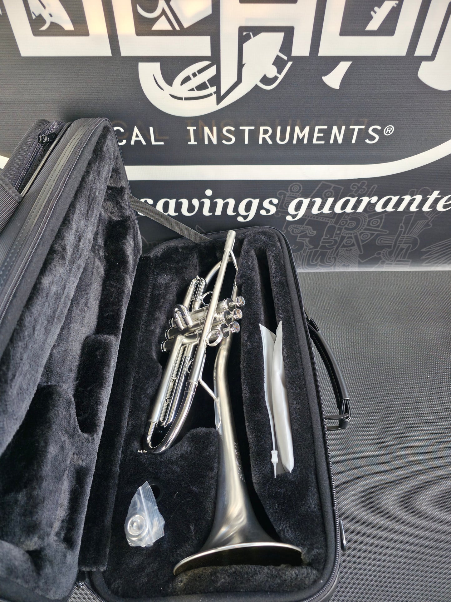 Solario Balam Satin Silver Bb Trumpet - Diagonal Bent 5.25" Big Bell