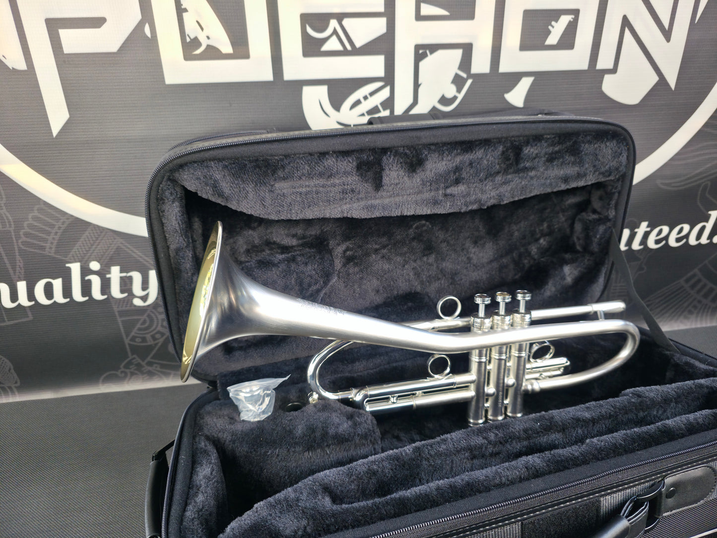Solario Balam Satin Silver Bb Trumpet - Diagonal Bent 5.25" Big Bell