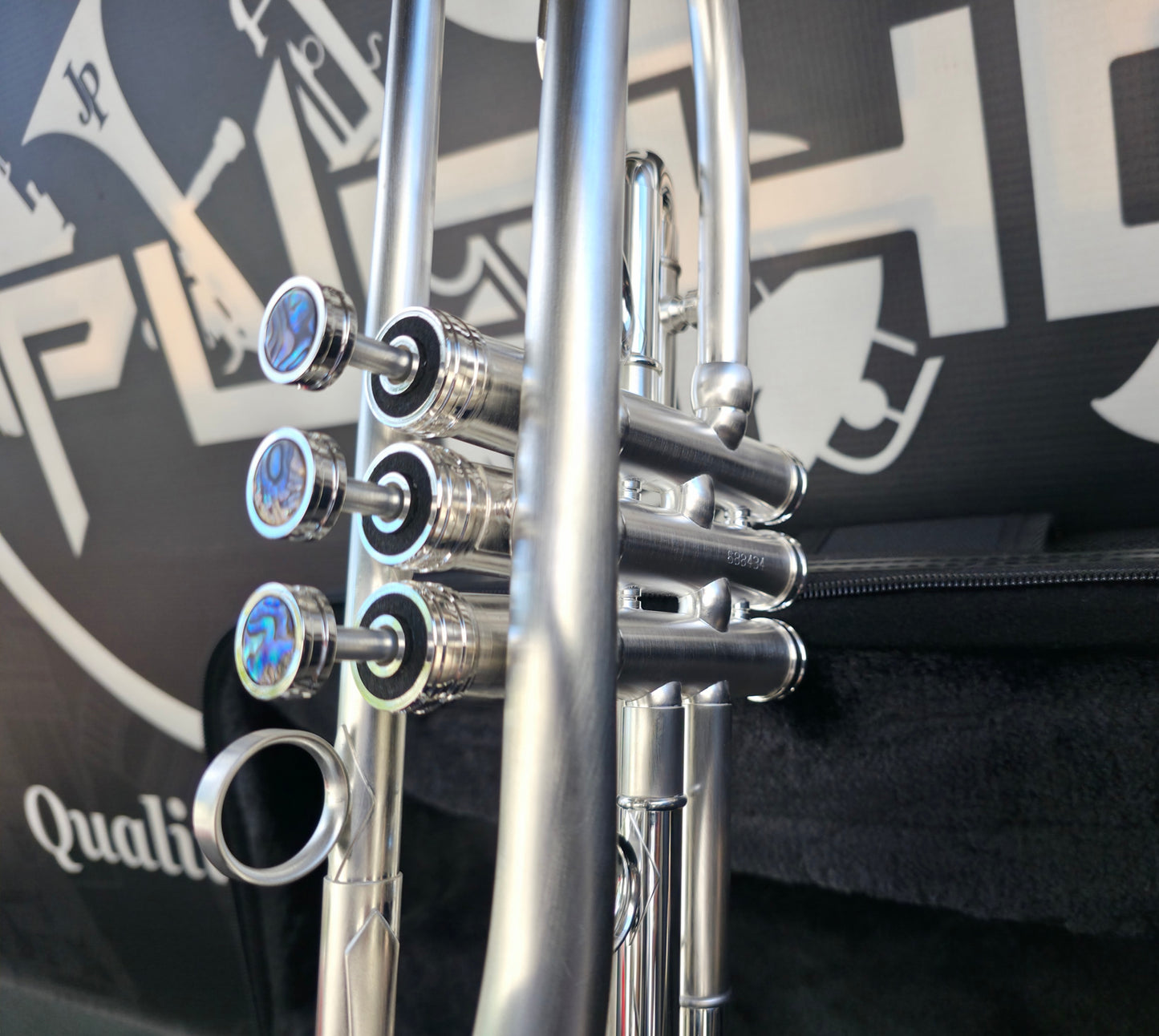 Solario Balam Satin Silver Bb Trumpet - Diagonal Bent 5.25" Big Bell