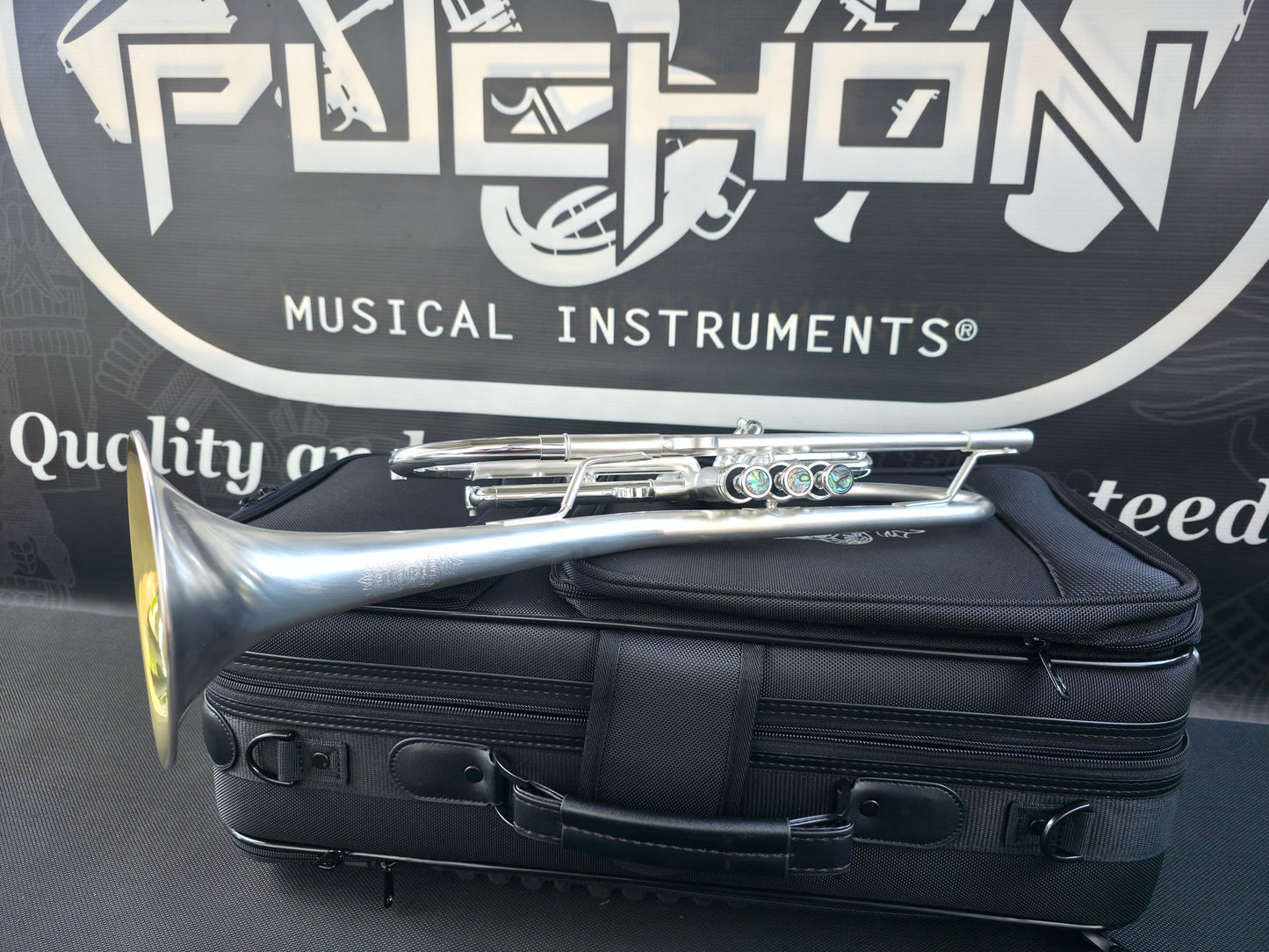 Solario Balam Satin Silver Bb Trumpet - Diagonal Bent 5.25" Big Bell
