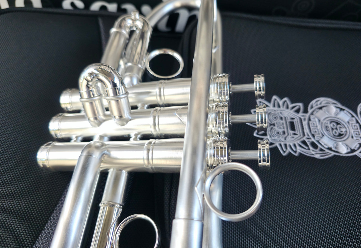 Solario Balam Satin Silver Bb Trumpet - Diagonal Bent 5.25" Big Bell