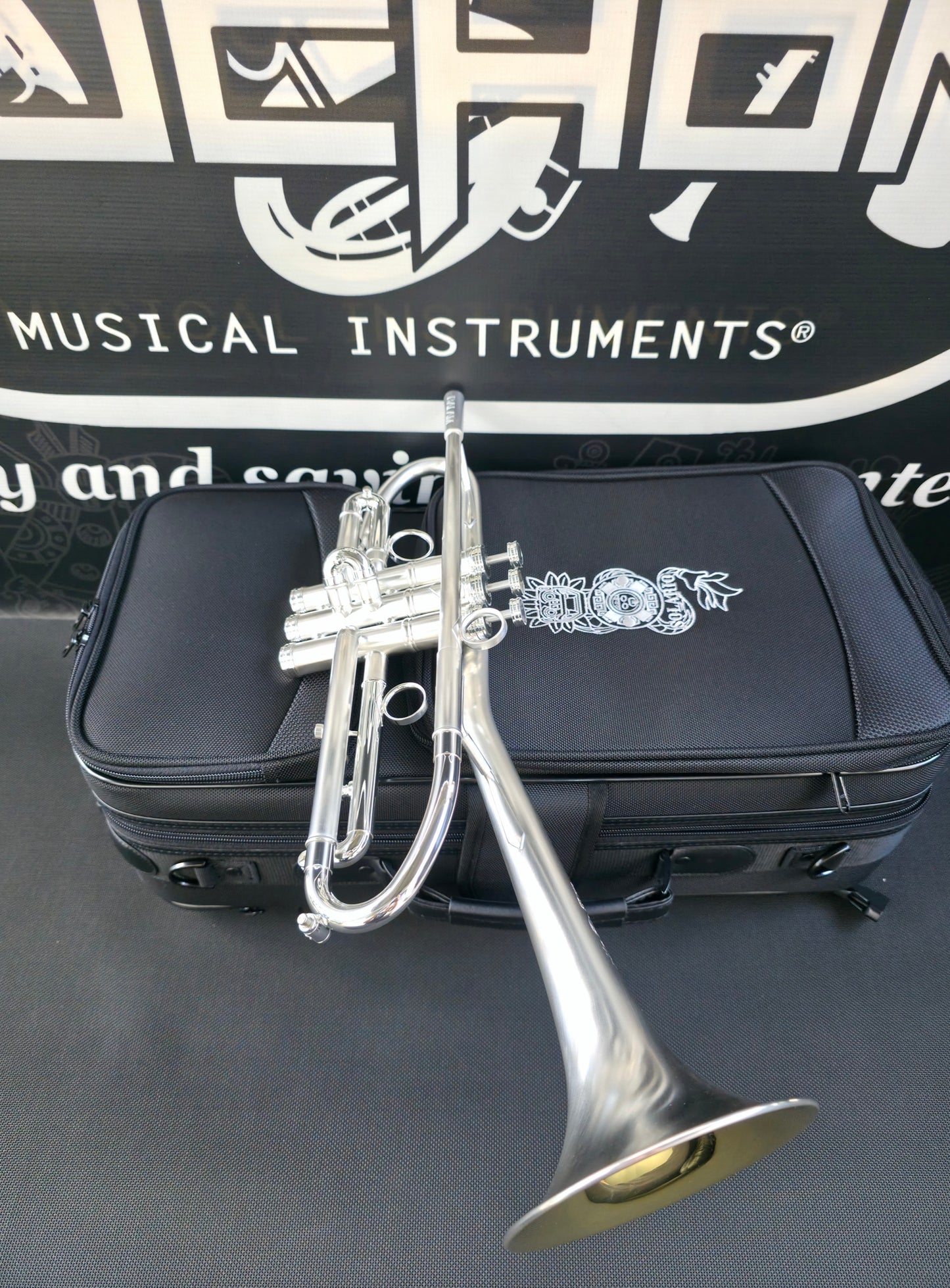 Solario Balam Satin Silver Bb Trumpet - Diagonal Bent 5.25" Big Bell