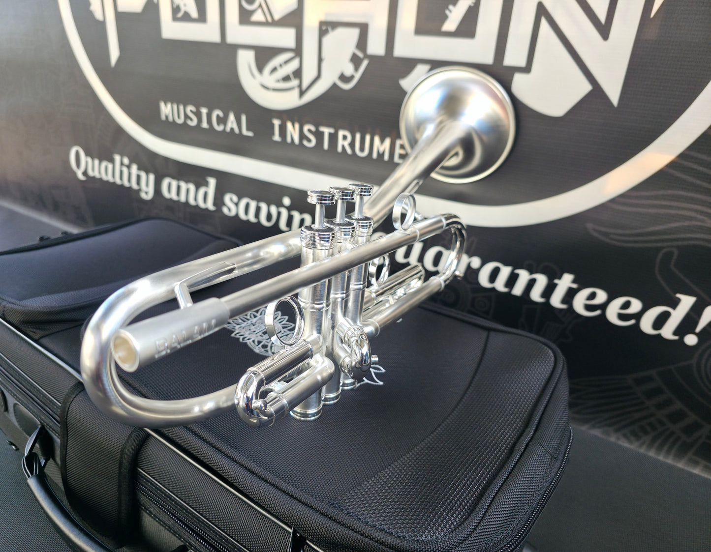 Solario Balam Satin Silver Bb Trumpet - Diagonal Bent 5.25" Big Bell