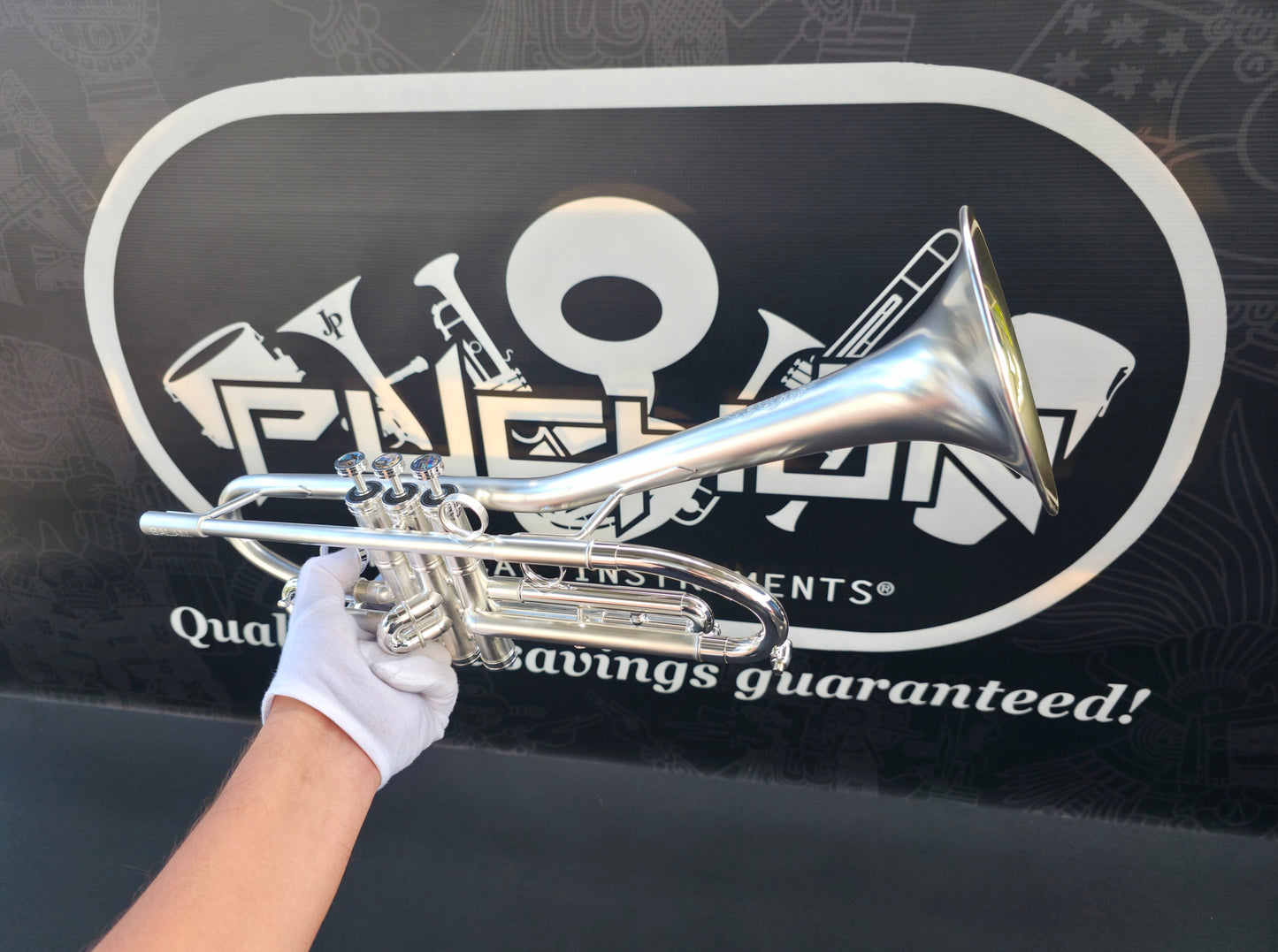 Solario Balam Satin Silver Bb Trumpet - Diagonal Bent 5.25" Big Bell