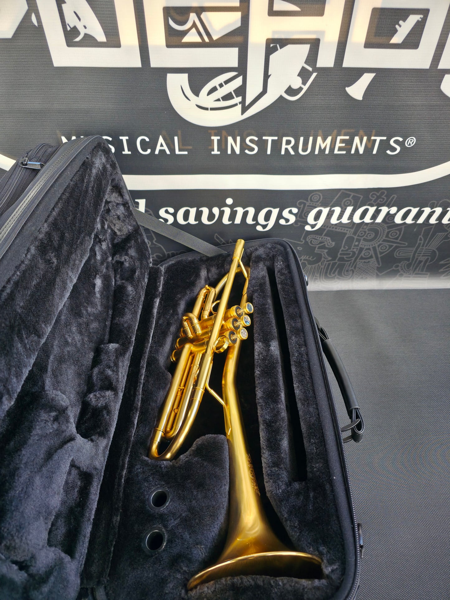 Solario Balam Satin Gold Bb Trumpet - Diagonal Bent 5.25" Big Bell