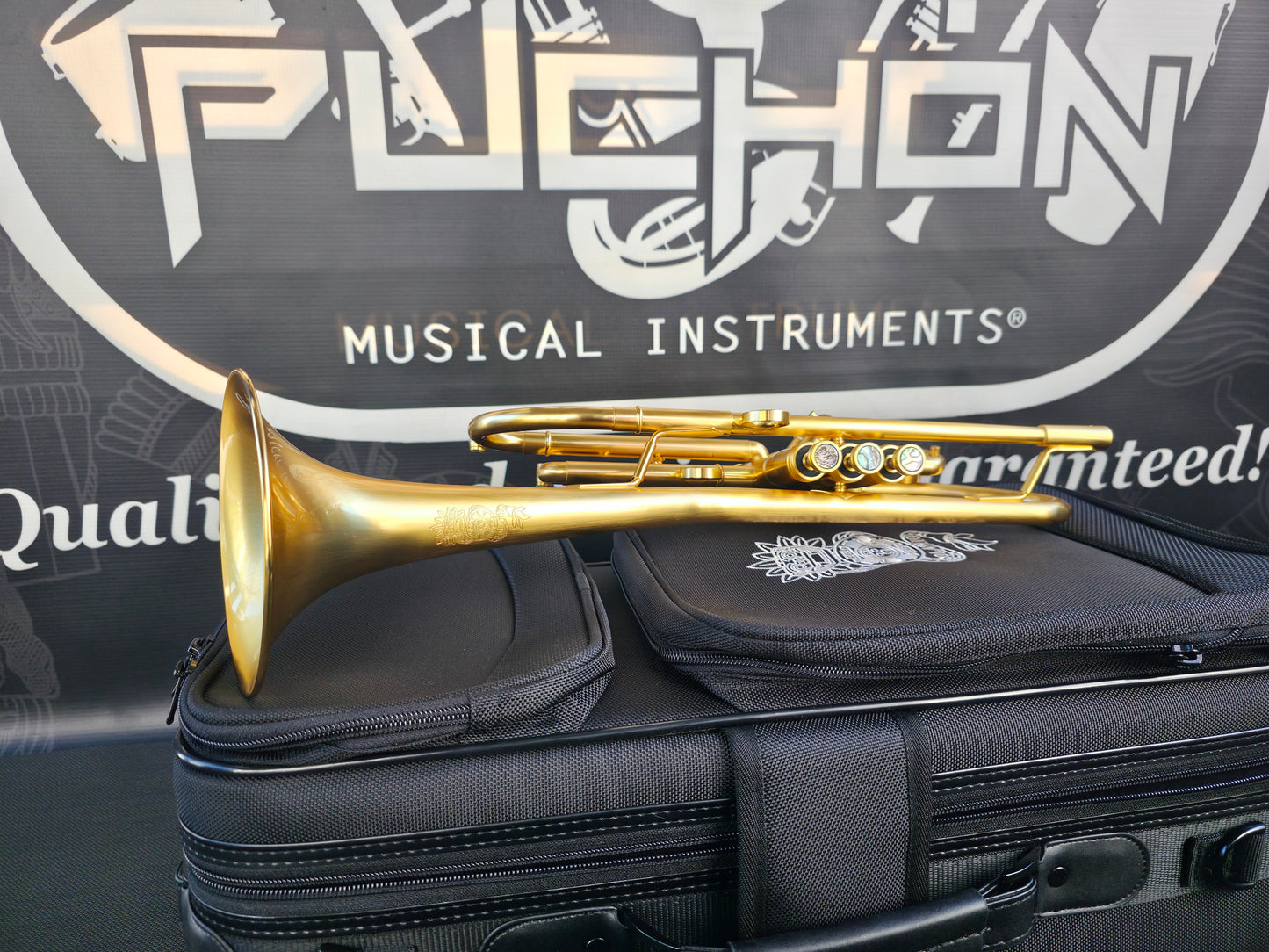 Solario Balam Satin Gold Bb Trumpet - Diagonal Bent 5.25" Big Bell