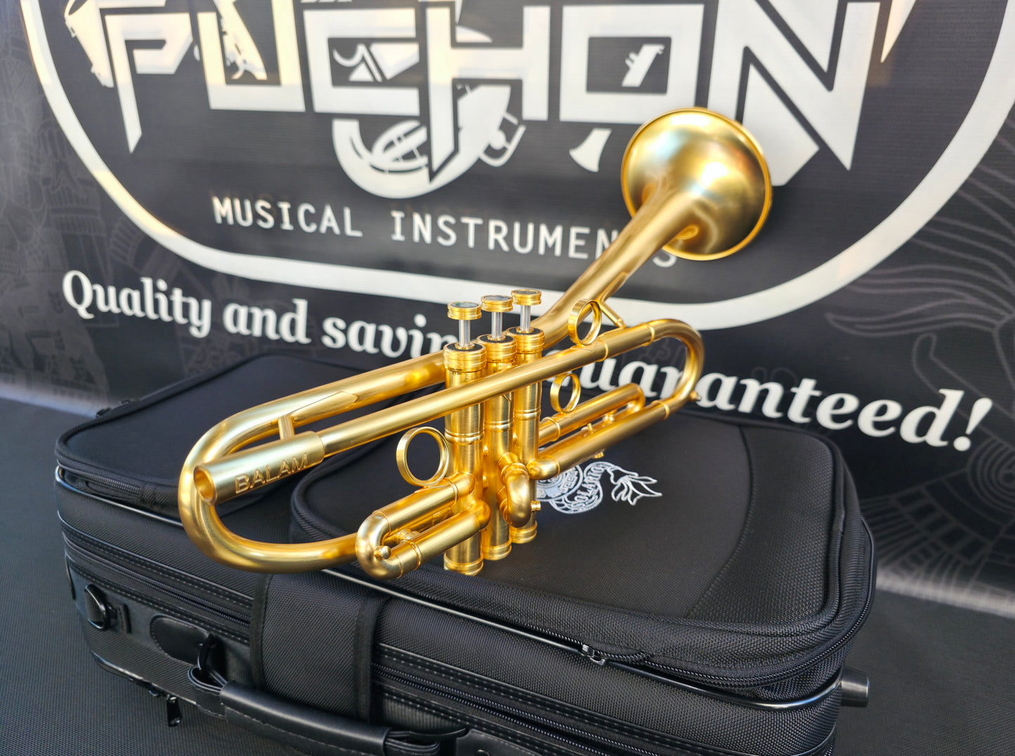 Solario Balam Satin Gold Bb Trumpet - Diagonal Bent 5.25" Big Bell