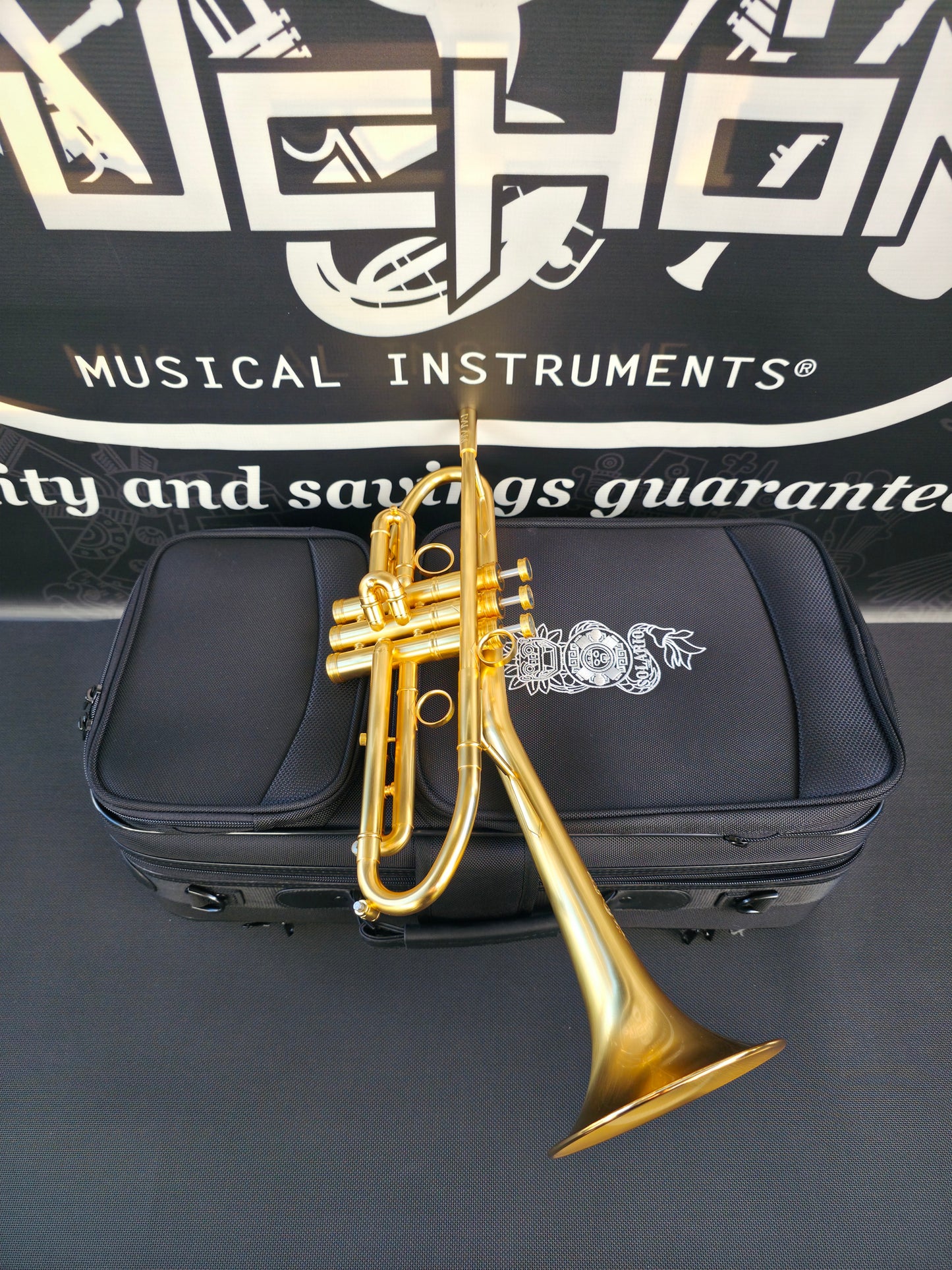 Solario Balam Satin Gold Bb Trumpet - Diagonal Bent 5.25" Big Bell