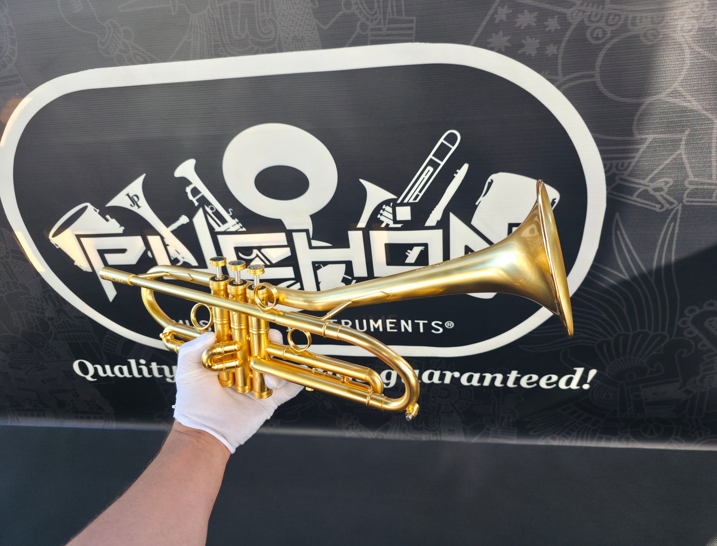 Solario Balam Satin Gold Bb Trumpet - Diagonal Bent 5.25" Big Bell