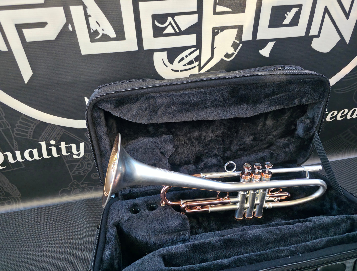 Solario Balam Satin Silver & Copper Trumpet - Diagonal Bent 5.25" Big Bell