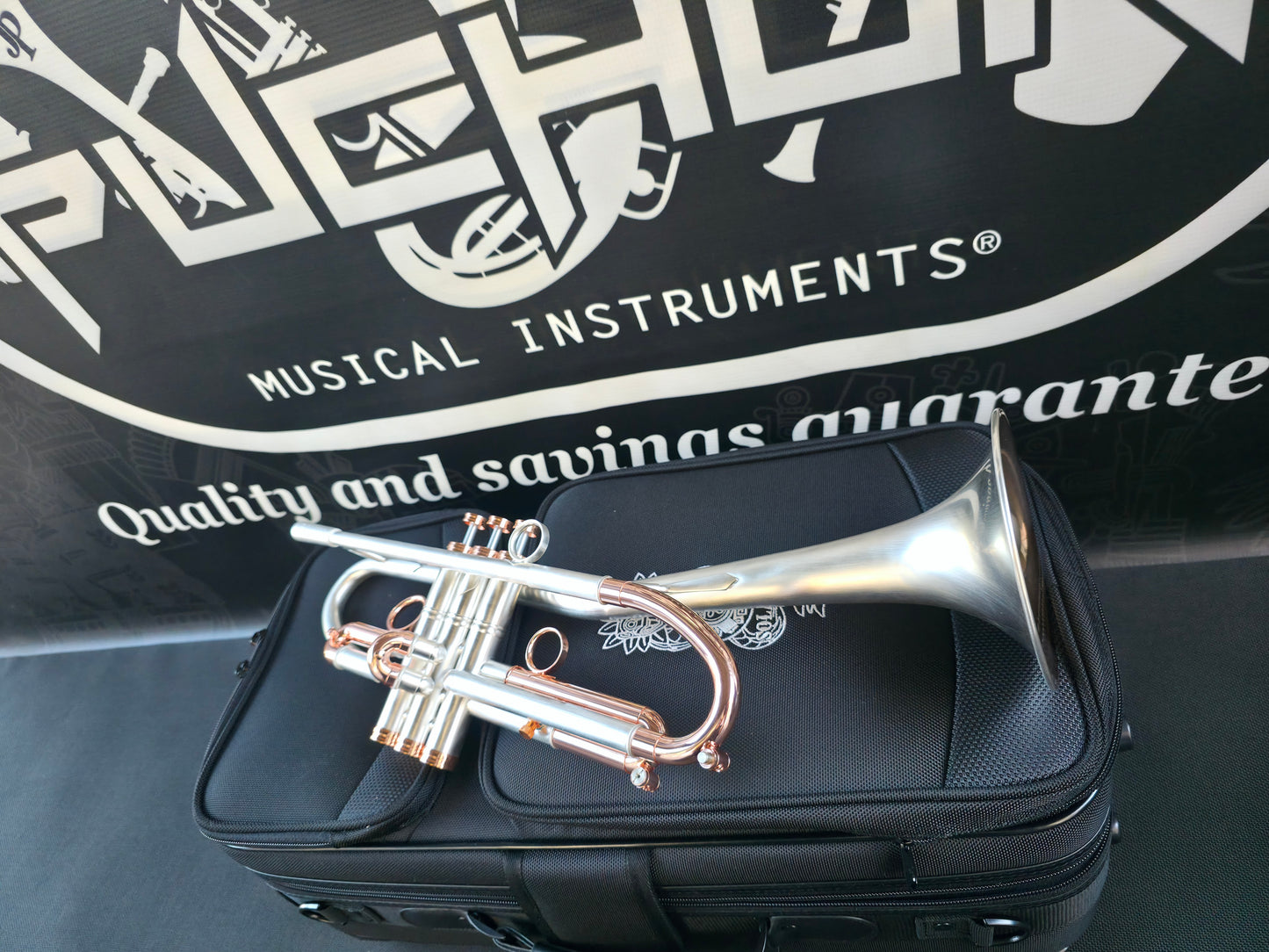 Solario Balam Satin Silver & Copper Trumpet - Diagonal Bent 5.25" Big Bell