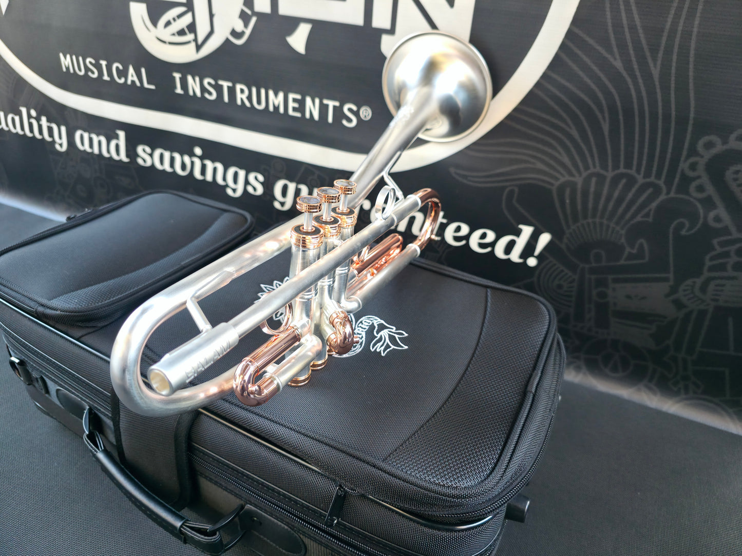 Solario Balam Satin Silver & Copper Trumpet - Diagonal Bent 5.25" Big Bell