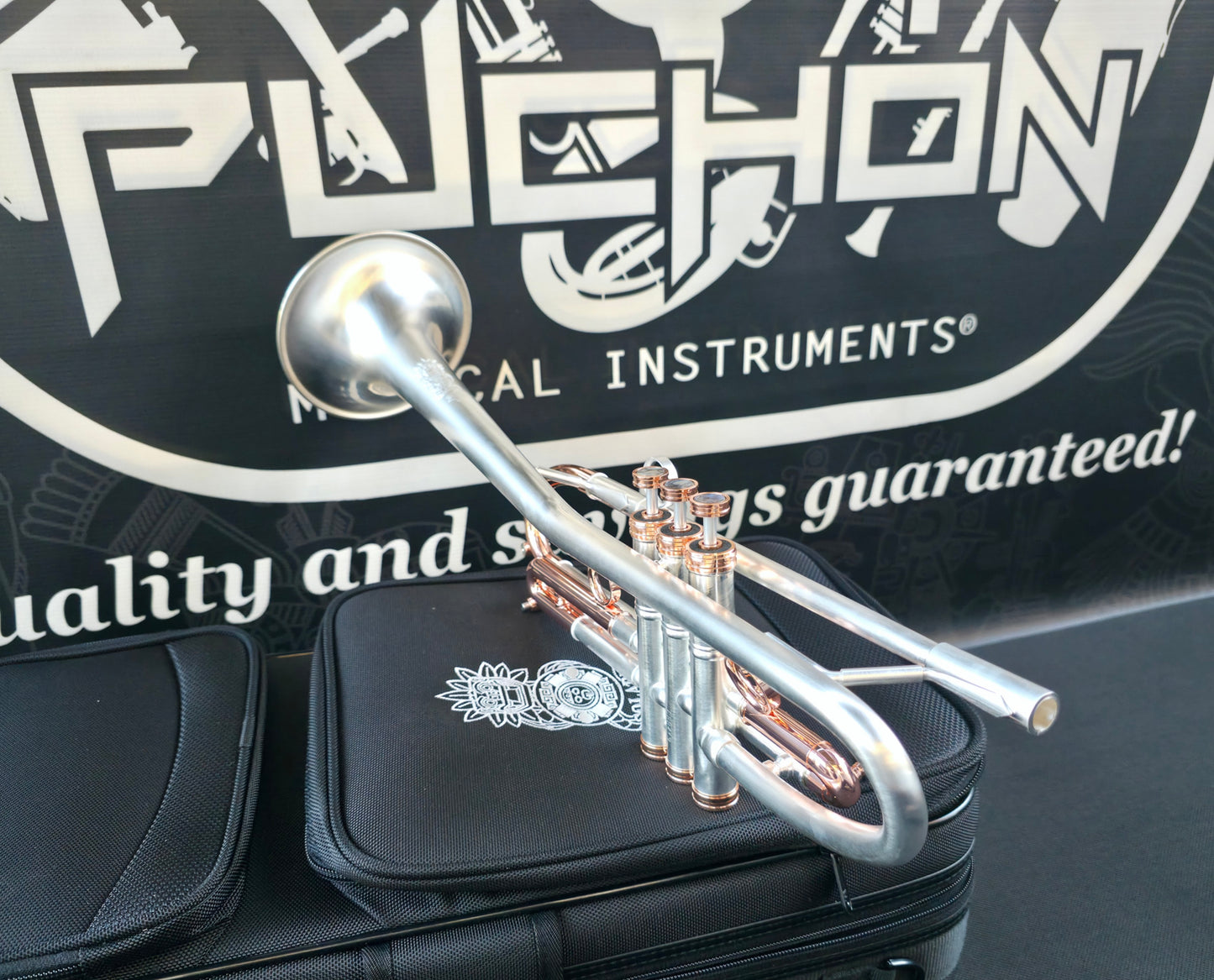 Solario Balam Satin Silver & Copper Trumpet - Diagonal Bent 5.25" Big Bell