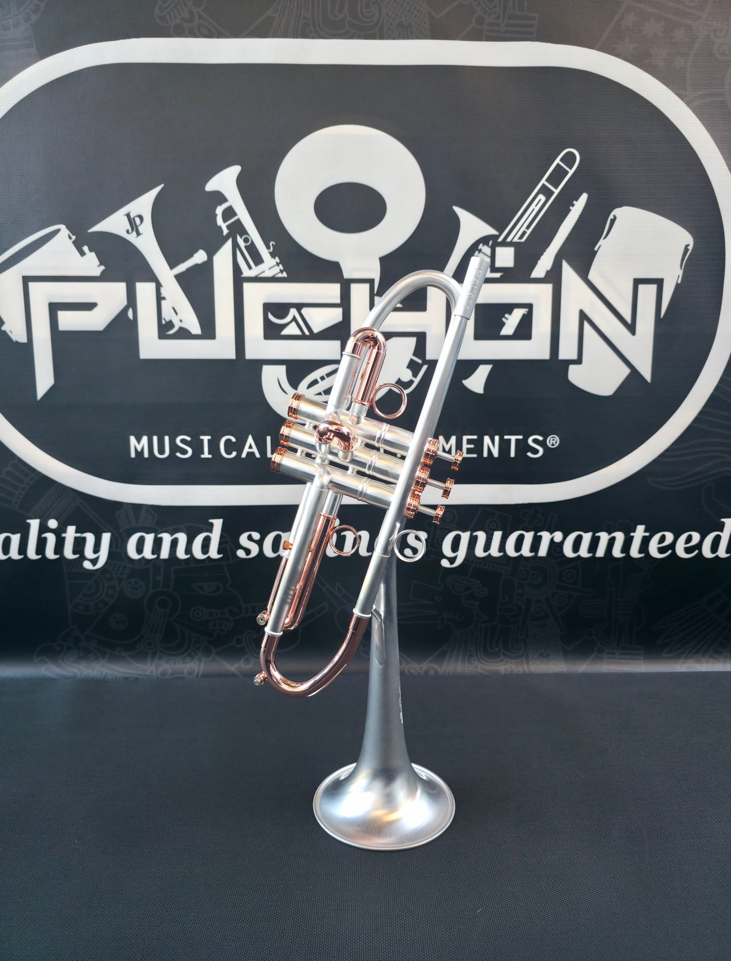 Solario Balam Satin Silver & Copper Trumpet - Diagonal Bent 5.25" Big Bell