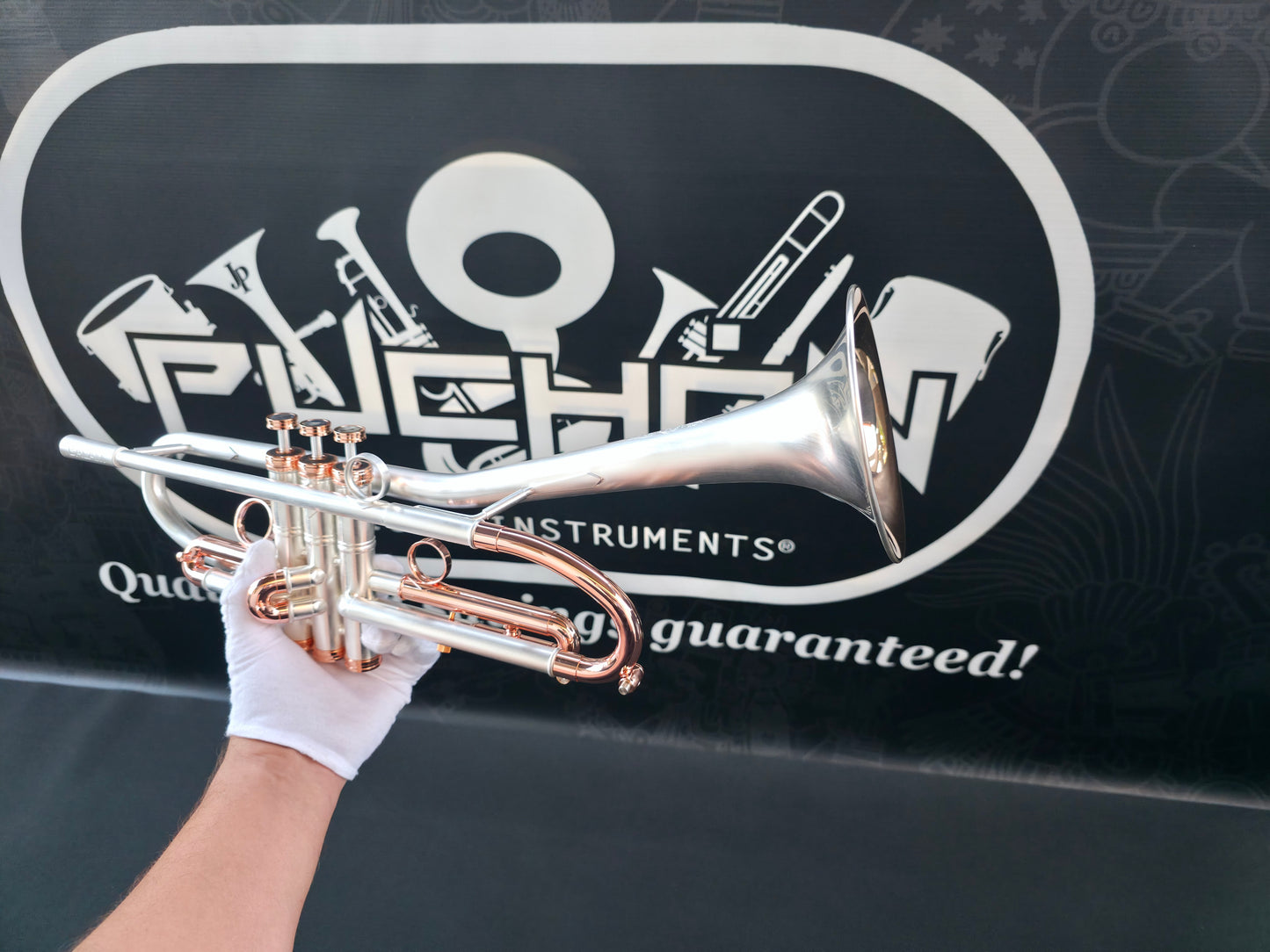 Solario Balam Satin Silver & Copper Trumpet - Diagonal Bent 5.25" Big Bell